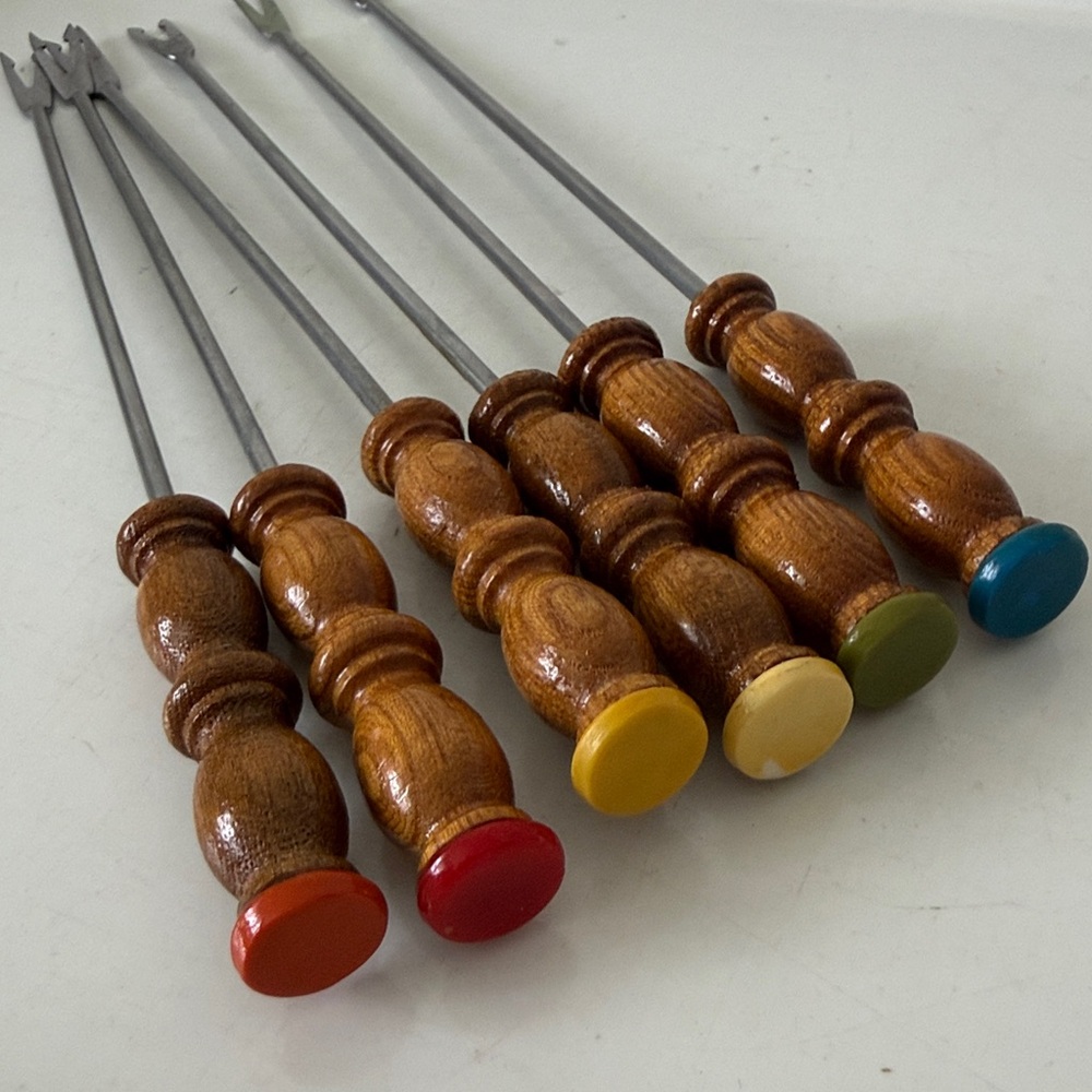 Mid Century 70s Sienna Brown Porcelain Enamel Fondue Set with Accessories - NEW - Picture 12 of 15